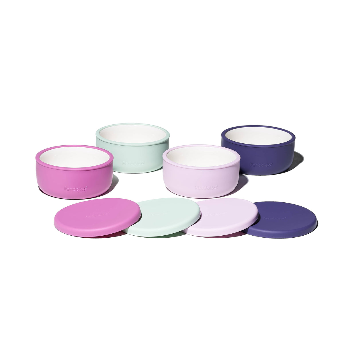 Four Pandaloo Kids porcelain bowls in Blueberry, Sweet Sage, Purple and Lilac Rhapsody with silicone lids