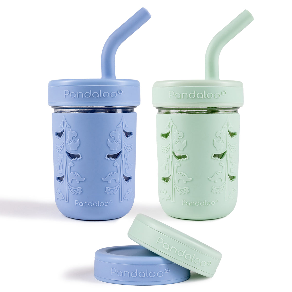 Two Pandaloo Kids 8 oz glass mason jar cups in Baby Blue and Sweet Sage with silicone sleeves, straw lids and storage lids