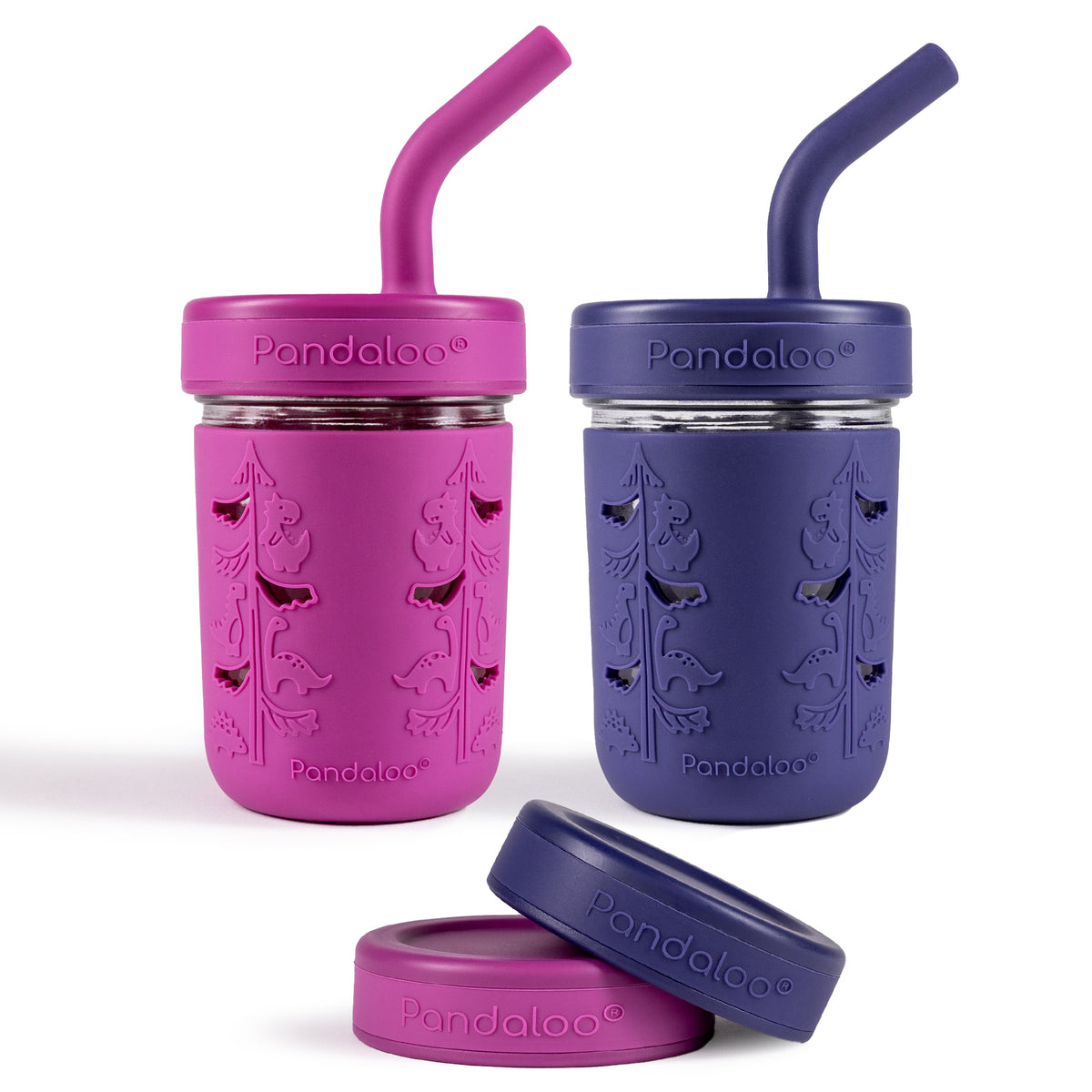 Two Pandaloo Kids 8 oz glass mason jar cups in Deep Purple and Blueberry with silicone sleeves, straw lids and storage lids