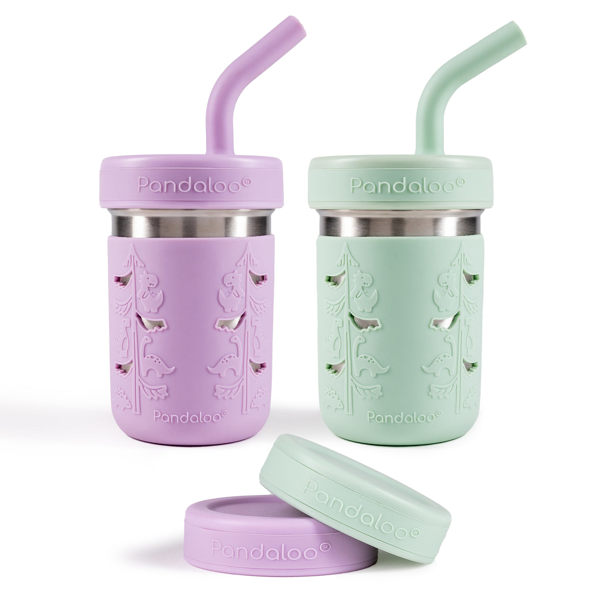 Two Pandaloo Kids 10 oz stainless steel smoothie cups in Lilac Rhapsody and Sweet Sage with silicone straw lids and storage lids