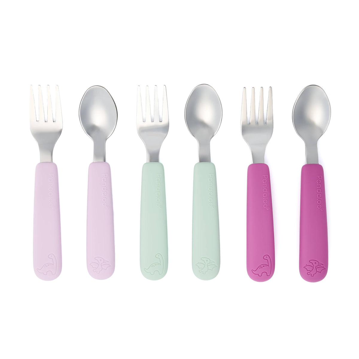 Pandaloo Kids cutlery set with forks and spoons with silicone handles in Lilac Rhapsody, Sweet Sage and Purple