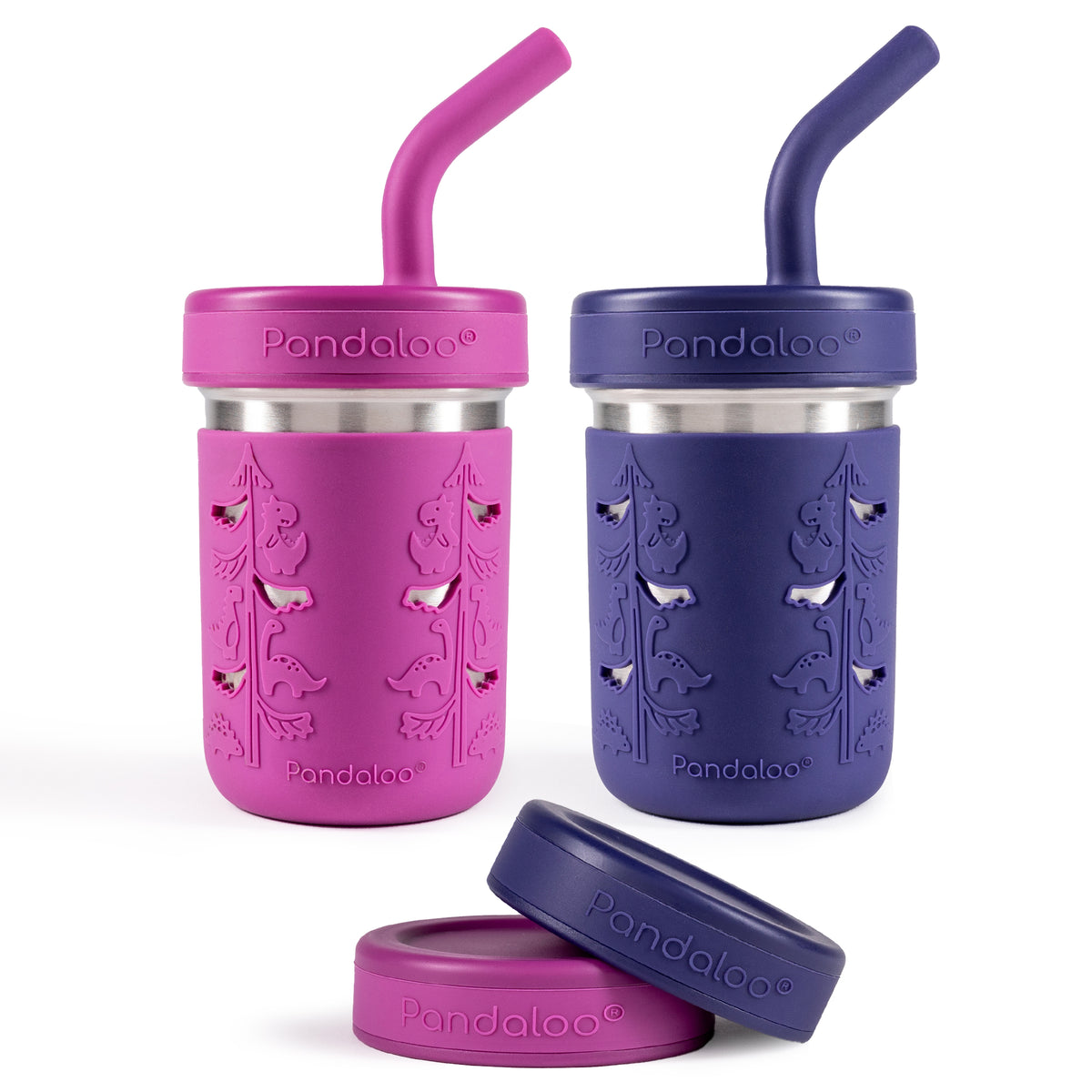 Two Pandaloo Kids 10 oz stainless steel smoothie cups in Deep Purple and Blueberry with silicone straw lids and storage lids