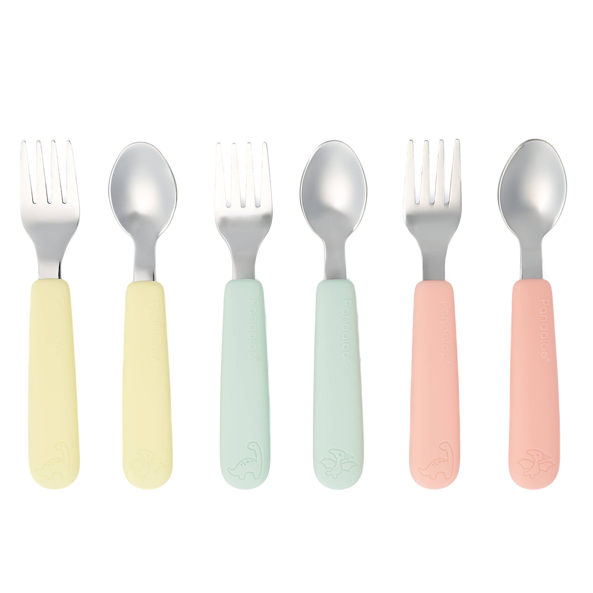 Pandaloo Kids cutlery set with forks and spoons with silicone handles in Lime, Sweet Sage and Peach