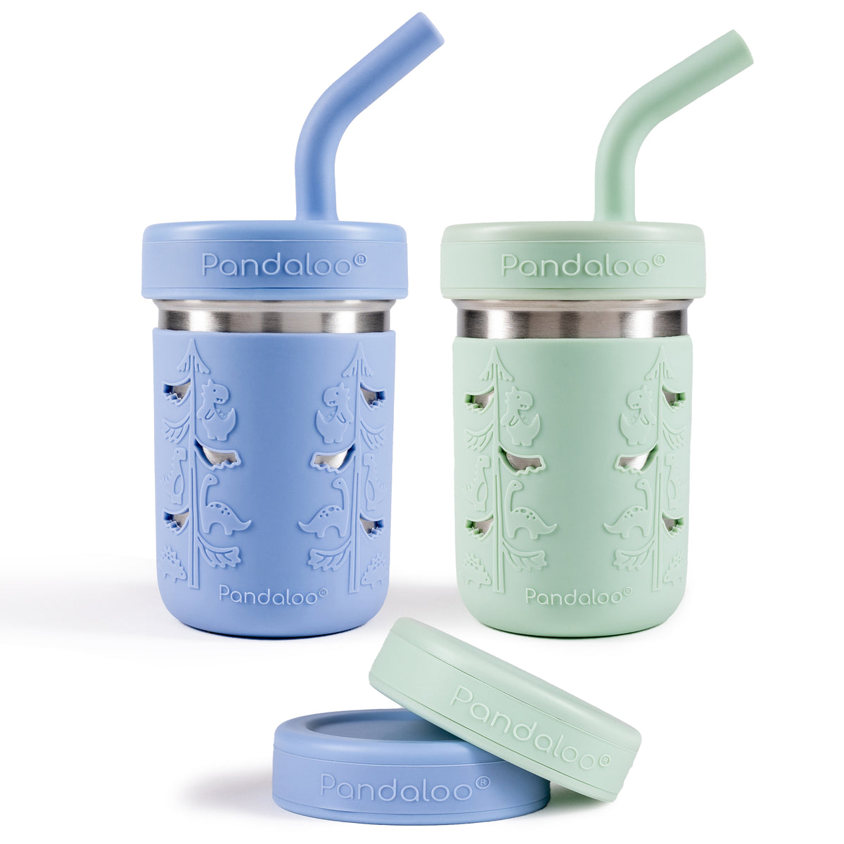 Two Pandaloo Kids 10 oz stainless steel smoothie cups in Baby Blue and Sweet Sage with silicone straw lids and storage lids