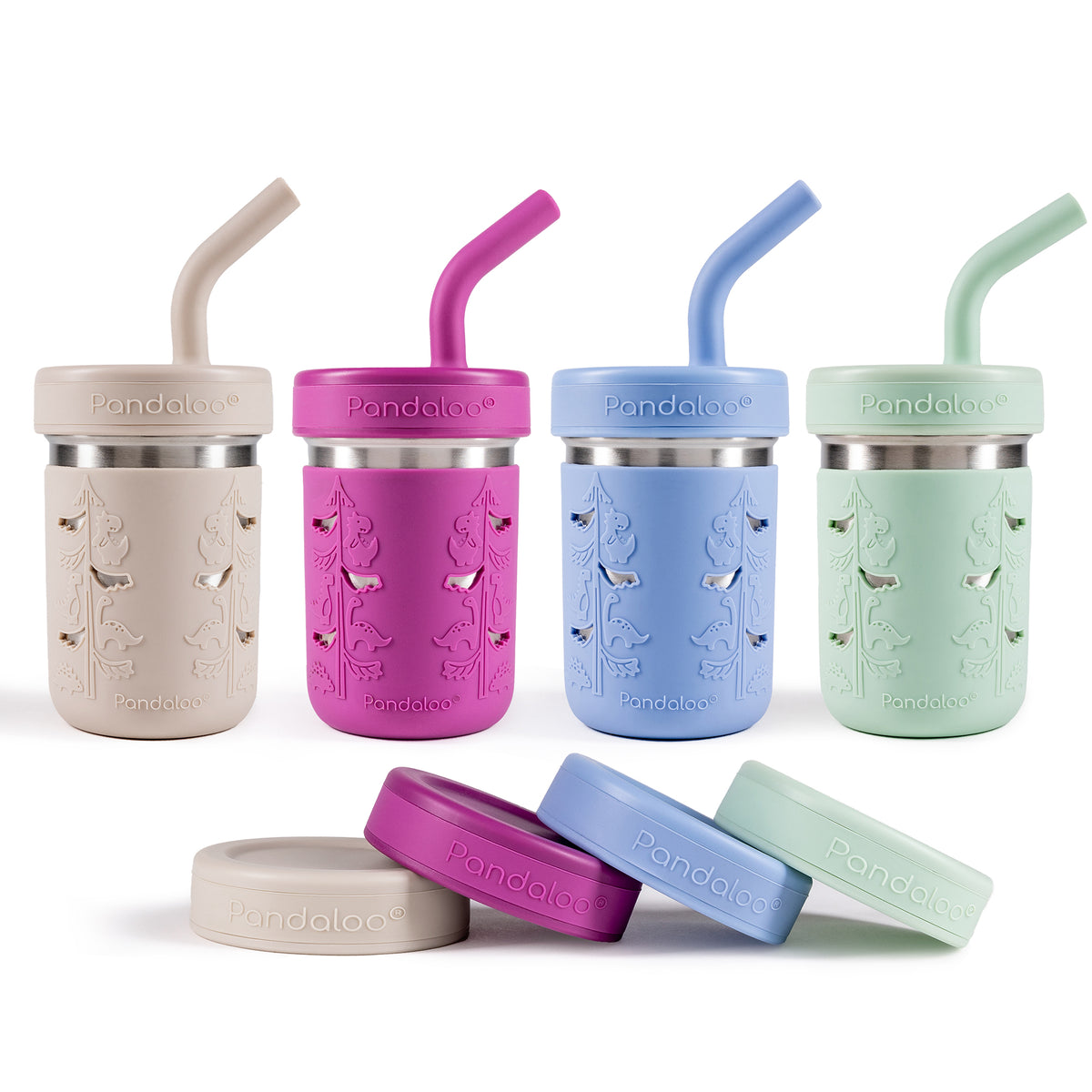 Four Pandaloo Kids 10 oz stainless steel smoothie cups in Creamy Mushroom, Deep Purple, Baby Blue and Sweet Sage with silicone straw lids and storage lids