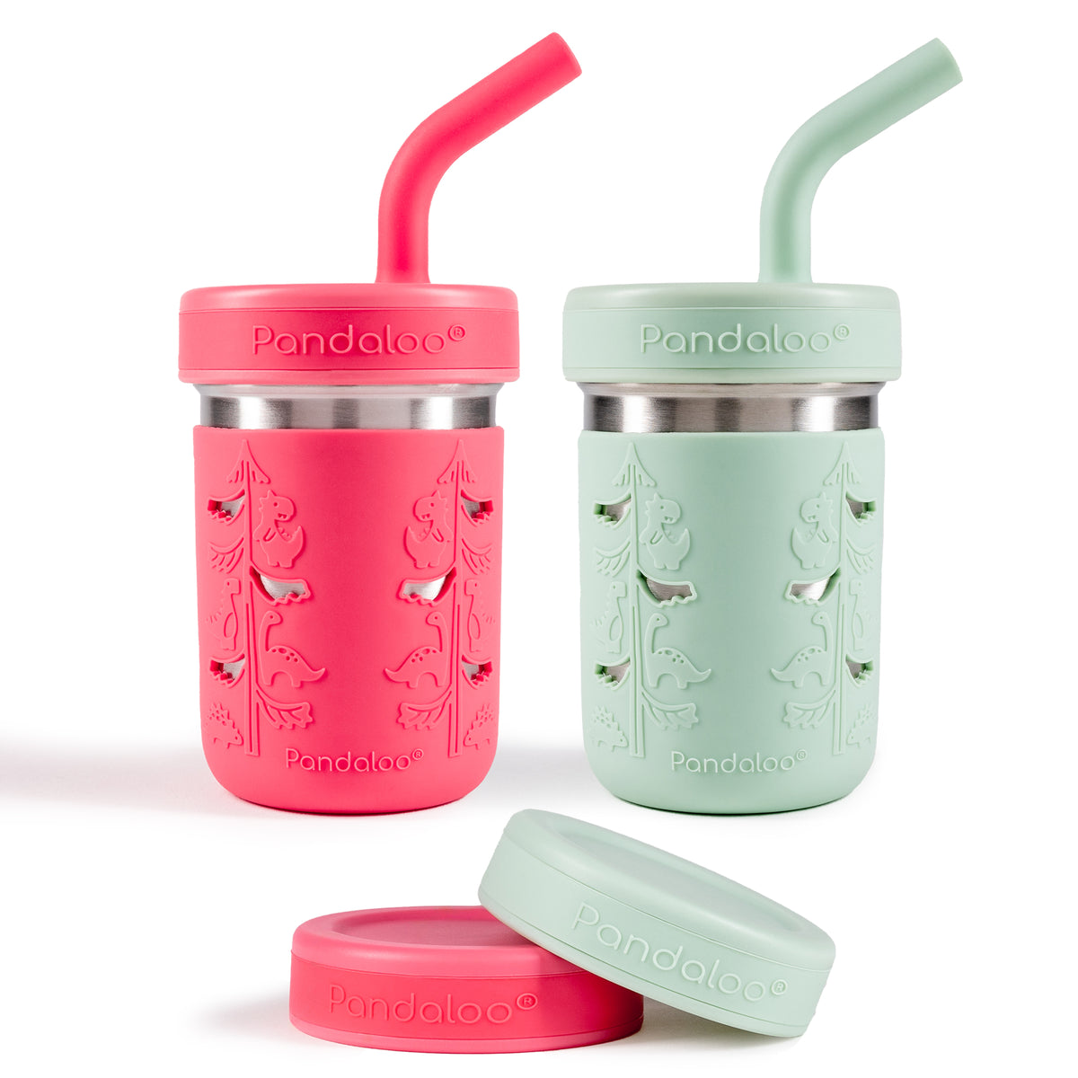 Two Pandaloo Kids 10 oz stainless steel smoothie cups in Bubblegum Pink and Sweet Sage with silicone straw lids and storage lids