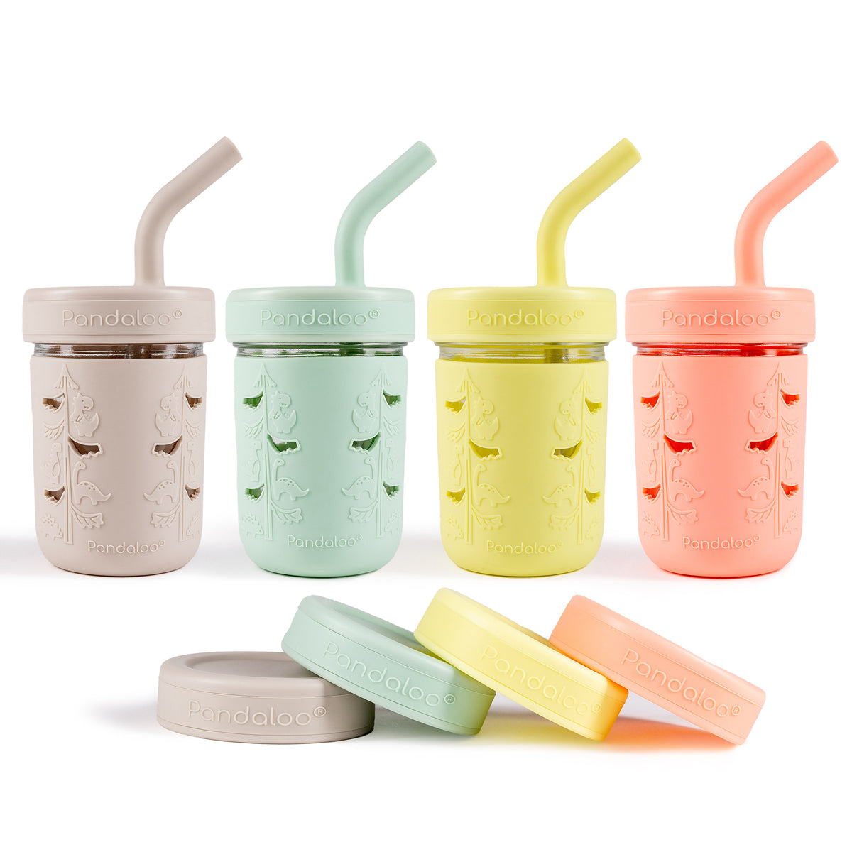Four Pandaloo Kids 8 oz glass mason jar cups in Creamy Mushroom, Sweet Sage, Sunny Lime and Fuzzy Peach with silicone sleeves, straw lids and storage lids