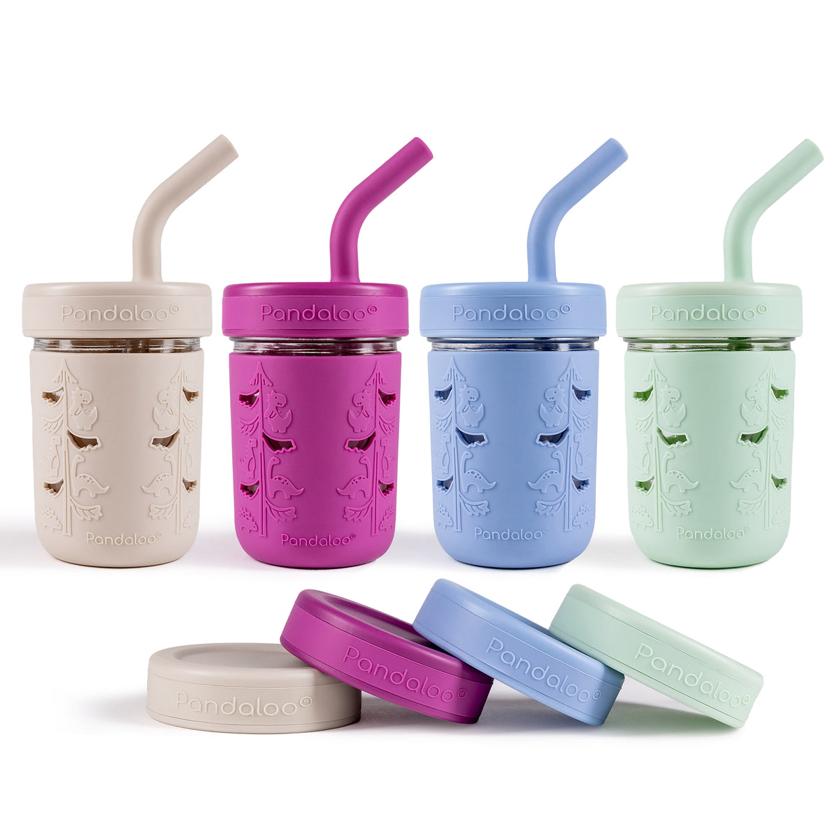 Four Pandaloo Kids 8 oz glass mason jar cups in Creamy Mushroom, Deep Purple, Baby Blue and Sweet Sage with silicone sleeves, straw lids and storage lids