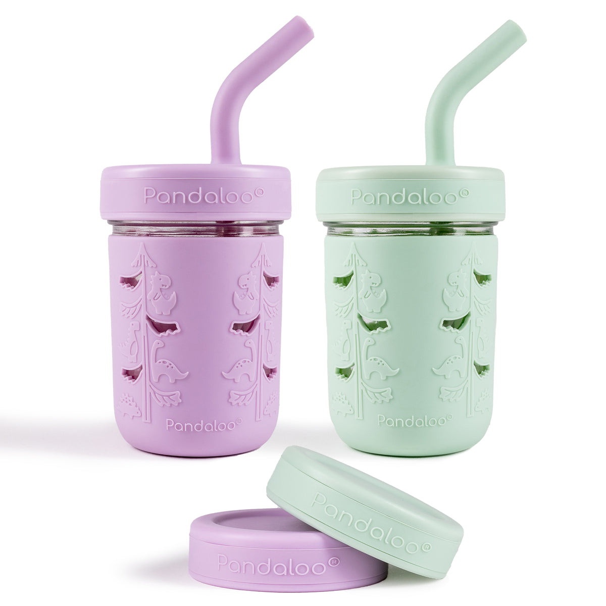 Two Pandaloo Kids 8 oz glass mason jar cups in Lilac Rhapsody and Sweet Sage with silicone sleeves, straw lids and storage lids
