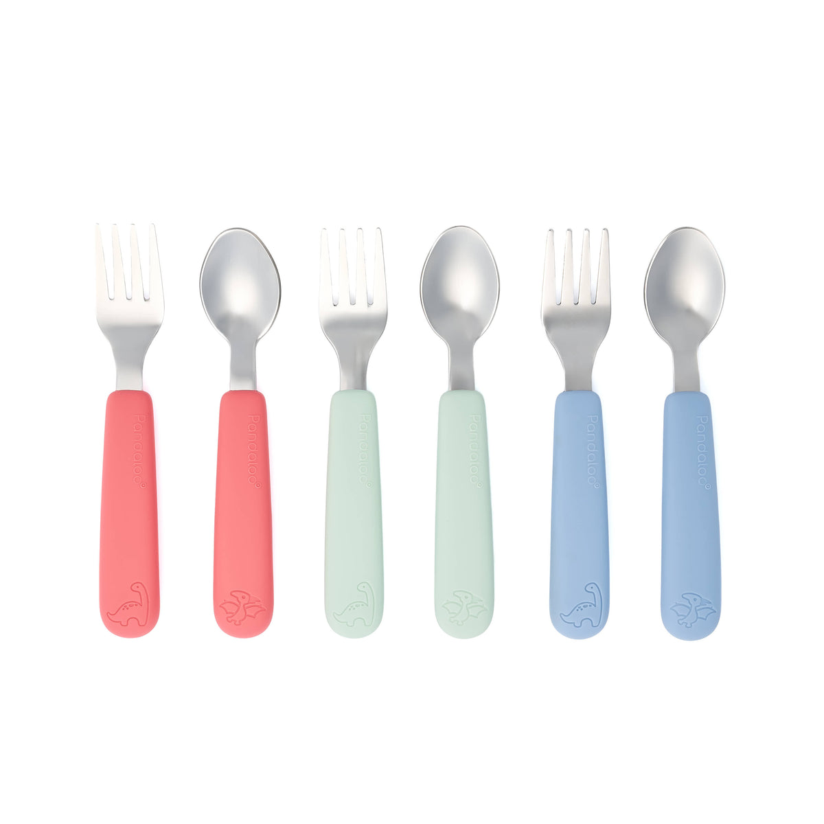 Pandaloo Kids cutlery set with forks and spoons with silicone handles in Pink, Sweet Sage and Baby Blue