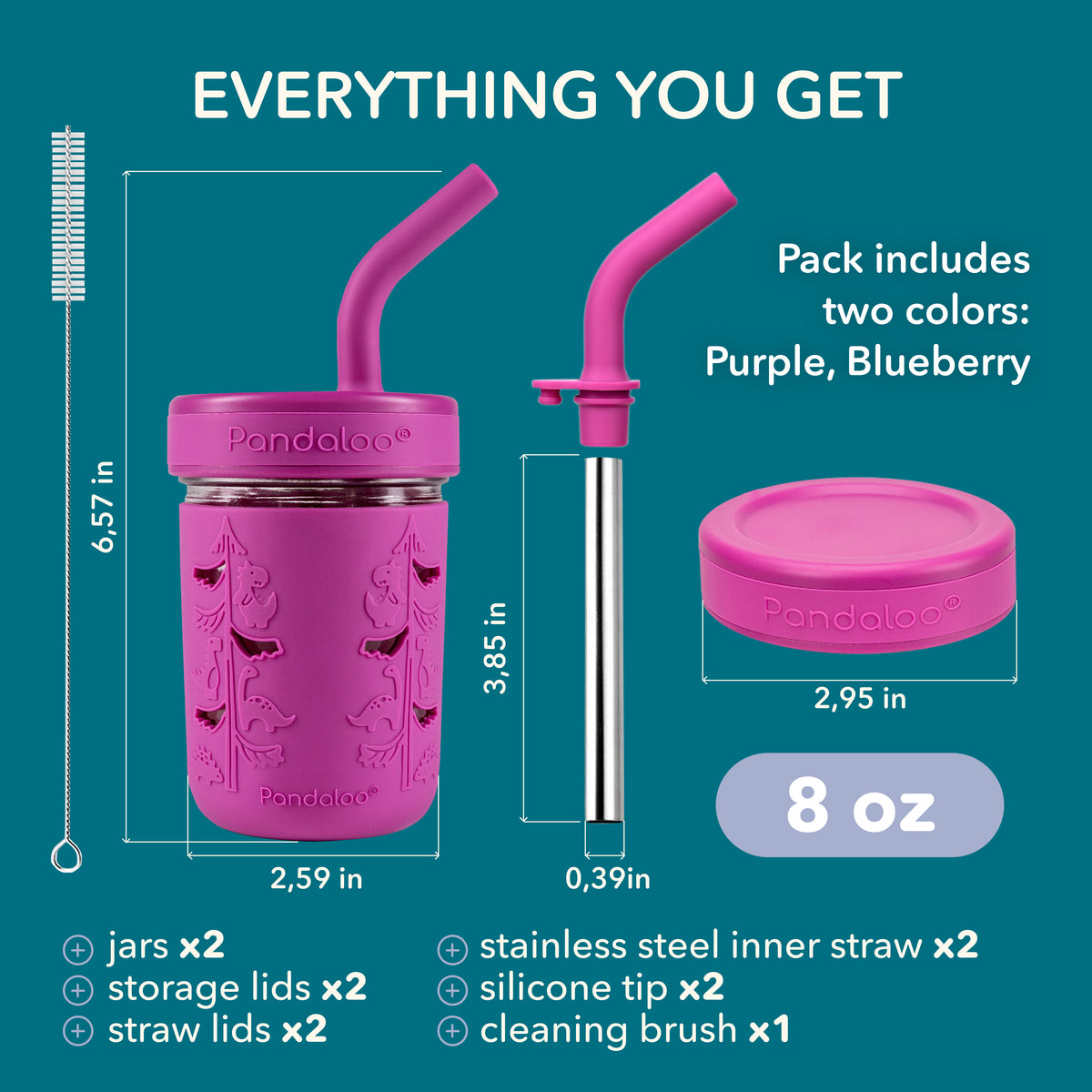Kids 8 oz Glass Mason Jar Cups 2 Pack - Deep Purple + Blueberry