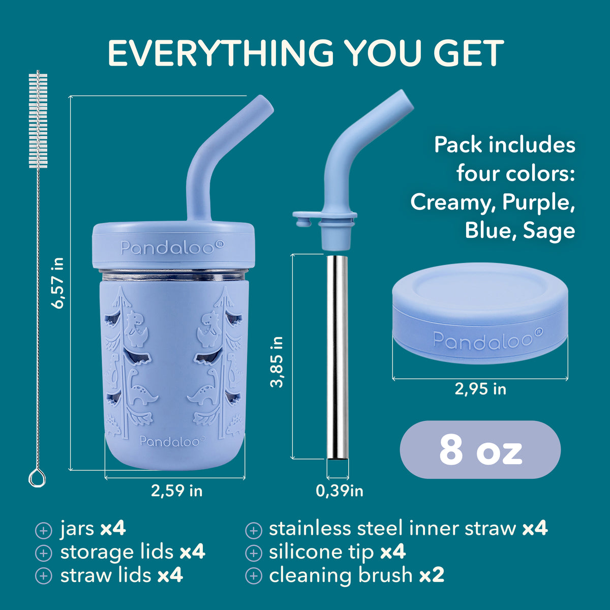 Kids 8 oz Glass Mason Jar Cups 4 Pack - Creamy Mushroom + Deep Purple + Baby Blue + Sweet Sage
