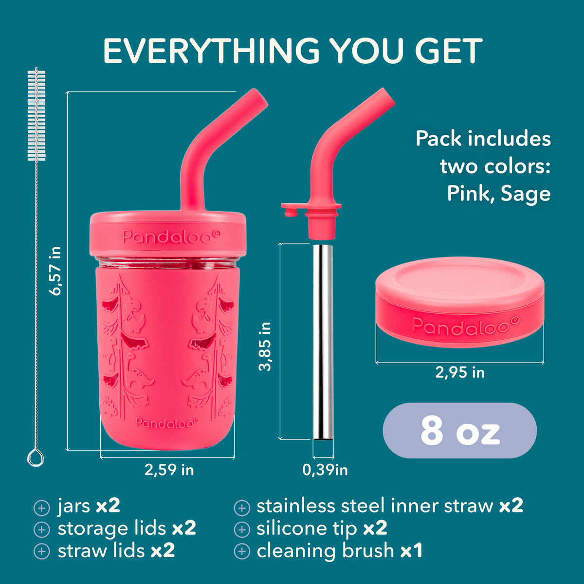 Kids 8 oz Glass Mason Jar Cups 2 Pack - Bubblegum Pink + Sweet Sage