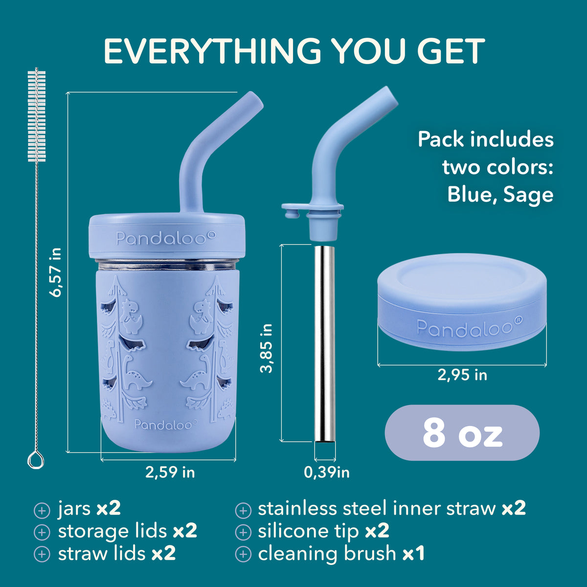 Kids 8 oz Glass Mason Jar Cups 2 Pack - Baby Blue + Sweet Sage