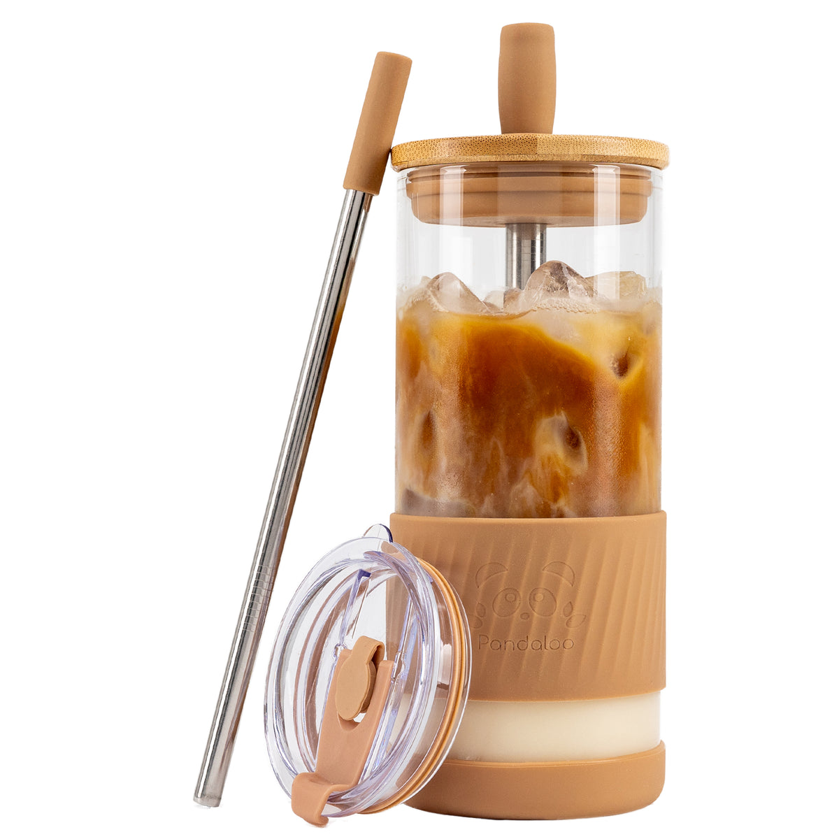 Pandaloo Original 20 oz glass tumbler in Amber Sand with bamboo lid, travel lid and stainless steel straw