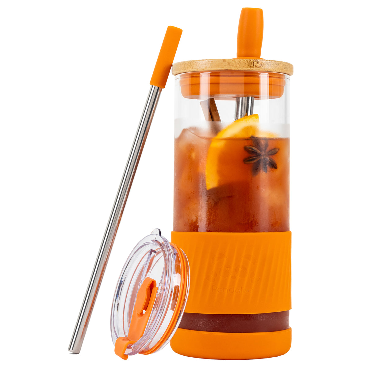 Pandaloo Original 20 oz glass tumbler in Autumn Gold with bamboo lid, travel lid and stainless steel straw