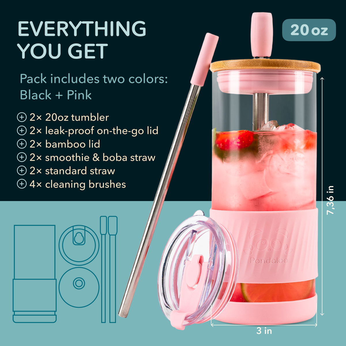 Original 20 oz Glass Tumbler 2-Pack – Black Saphir + Tender Pink
