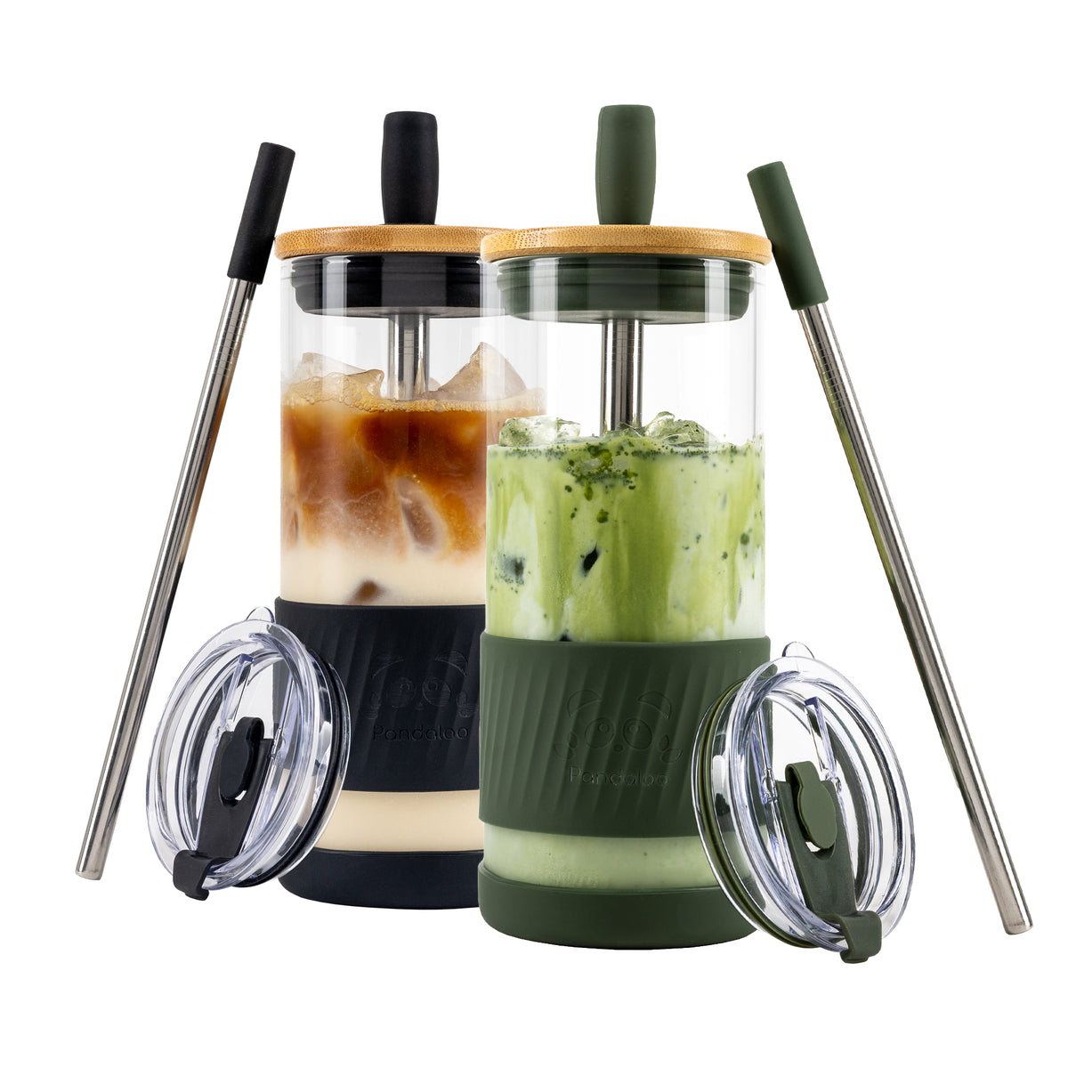 Two Pandaloo Original 20 oz glass tumblers in Black Saphir and Mediterranean Olive with bamboo lids, travel lids and stainless steel straws