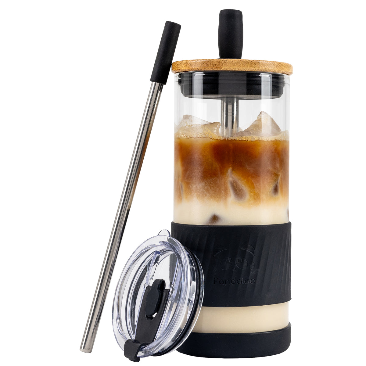 Pandaloo Original 20 oz glass tumbler in Black Saphir with bamboo lid, travel lid and stainless steel straw