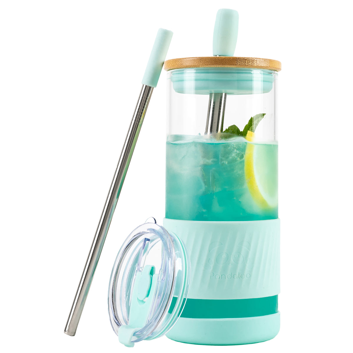 Pandaloo Original 20 oz glass tumbler in Caribbean Blue with bamboo lid, travel lid and stainless steel straw