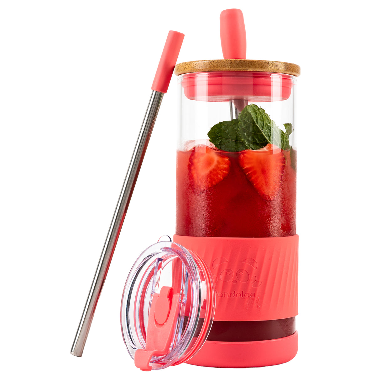 Pandaloo Original 20 oz glass tumbler in Coral with bamboo lid, travel lid and stainless steel straw