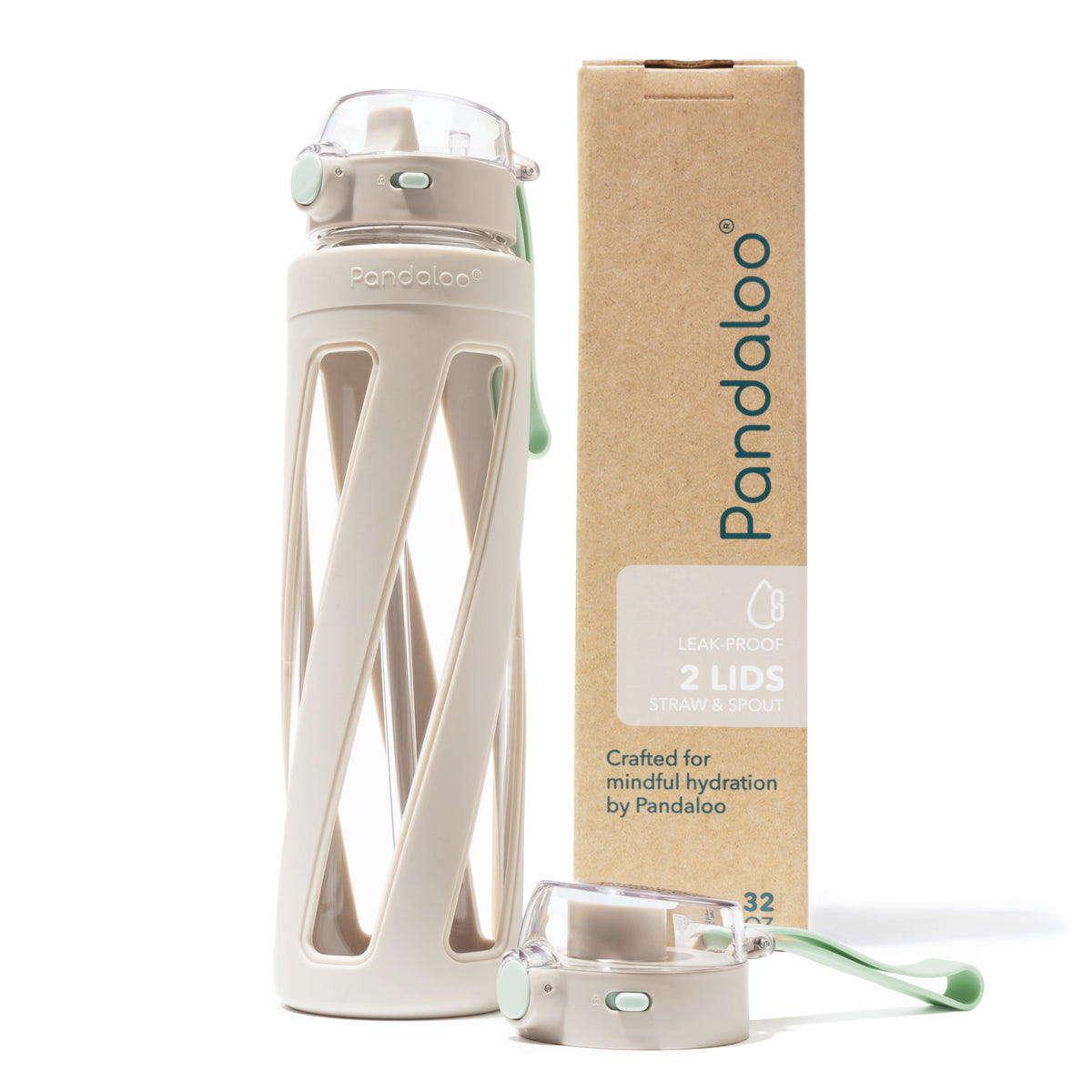 Pandaloo Orbit 32 oz glass water bottle in Creamy Mushroom