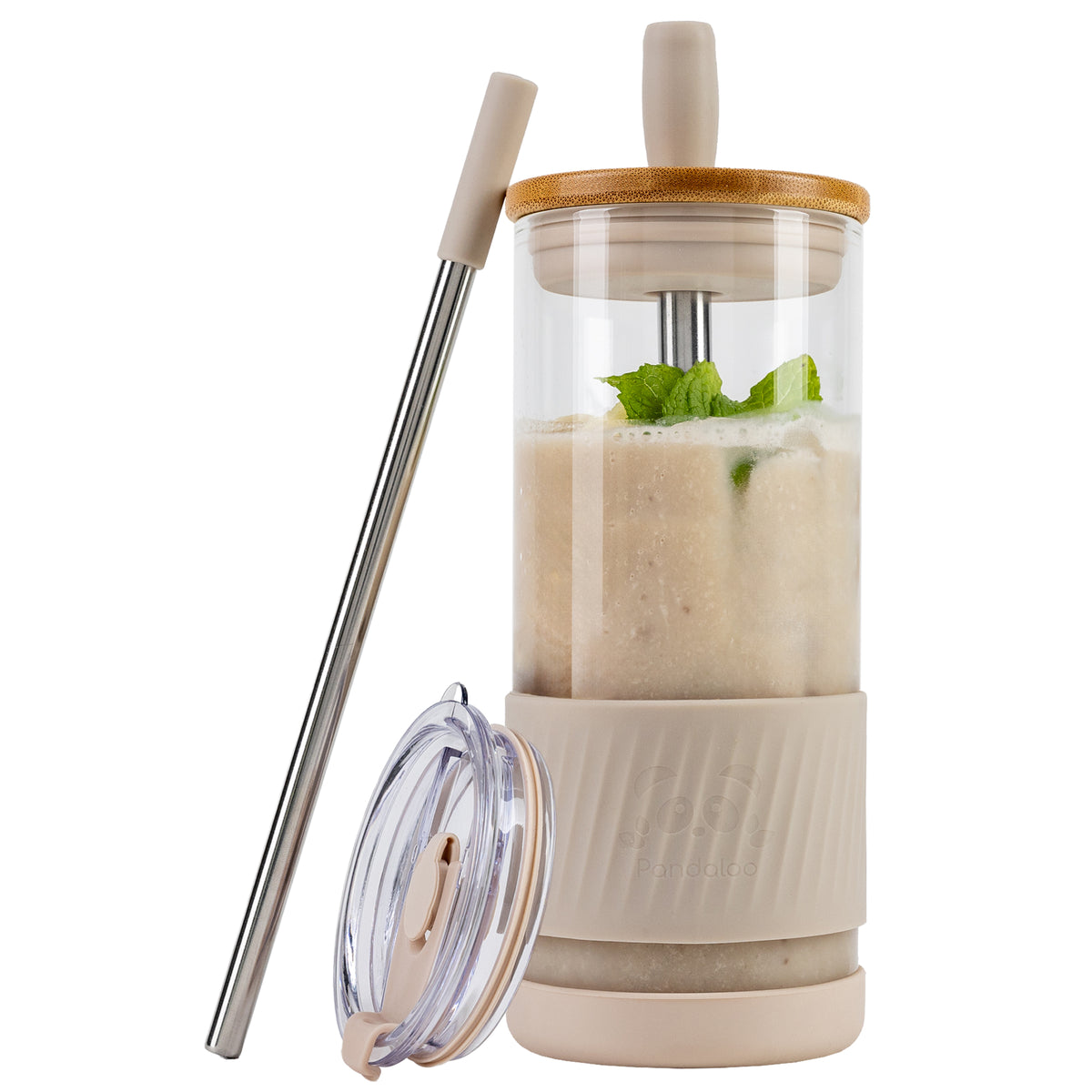 Pandaloo Original 20 oz glass tumbler in Creamy Mushroom with bamboo lid, travel lid and stainless steel straw