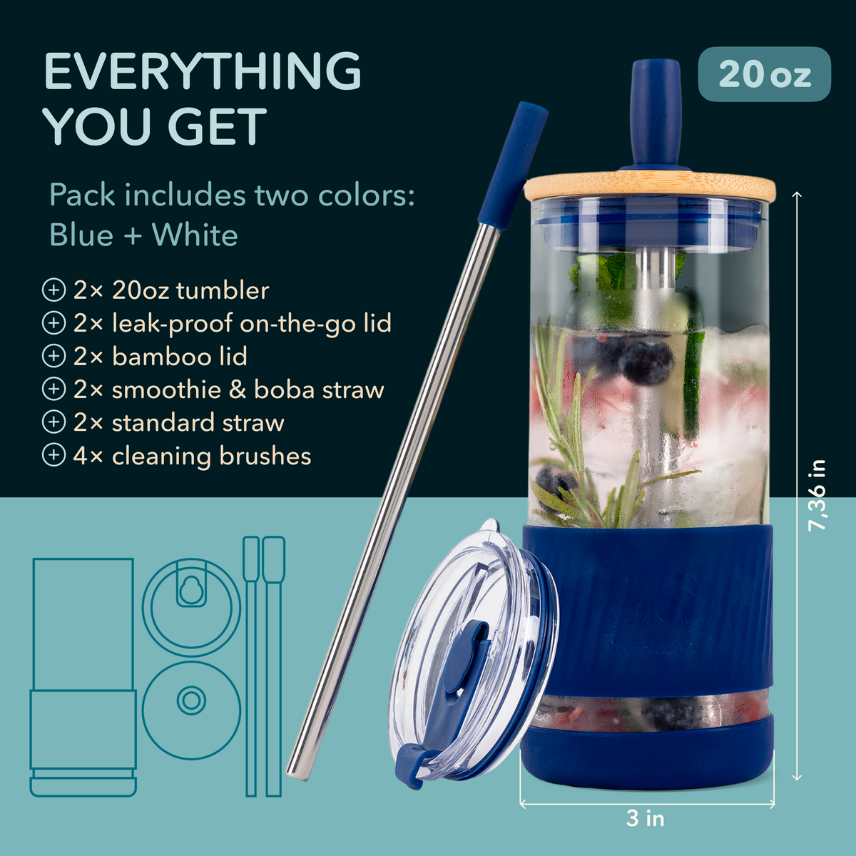Original 20 oz Glass Tumbler 2-Pack – Galactic Blue + Coton White