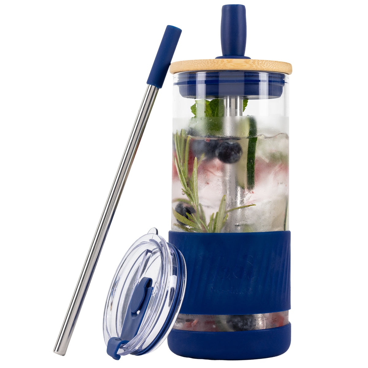 Pandaloo Original 20 oz glass tumbler in Galactic Blue with bamboo lid, travel lid and stainless steel straw