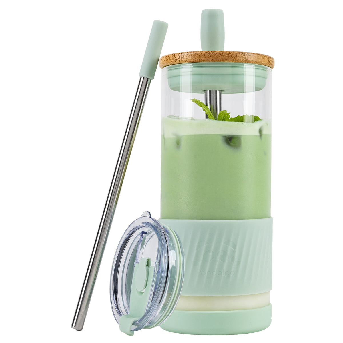 Pandaloo Original 20 oz glass tumbler in Sweet Sage with bamboo lid, travel lid and stainless steel straw