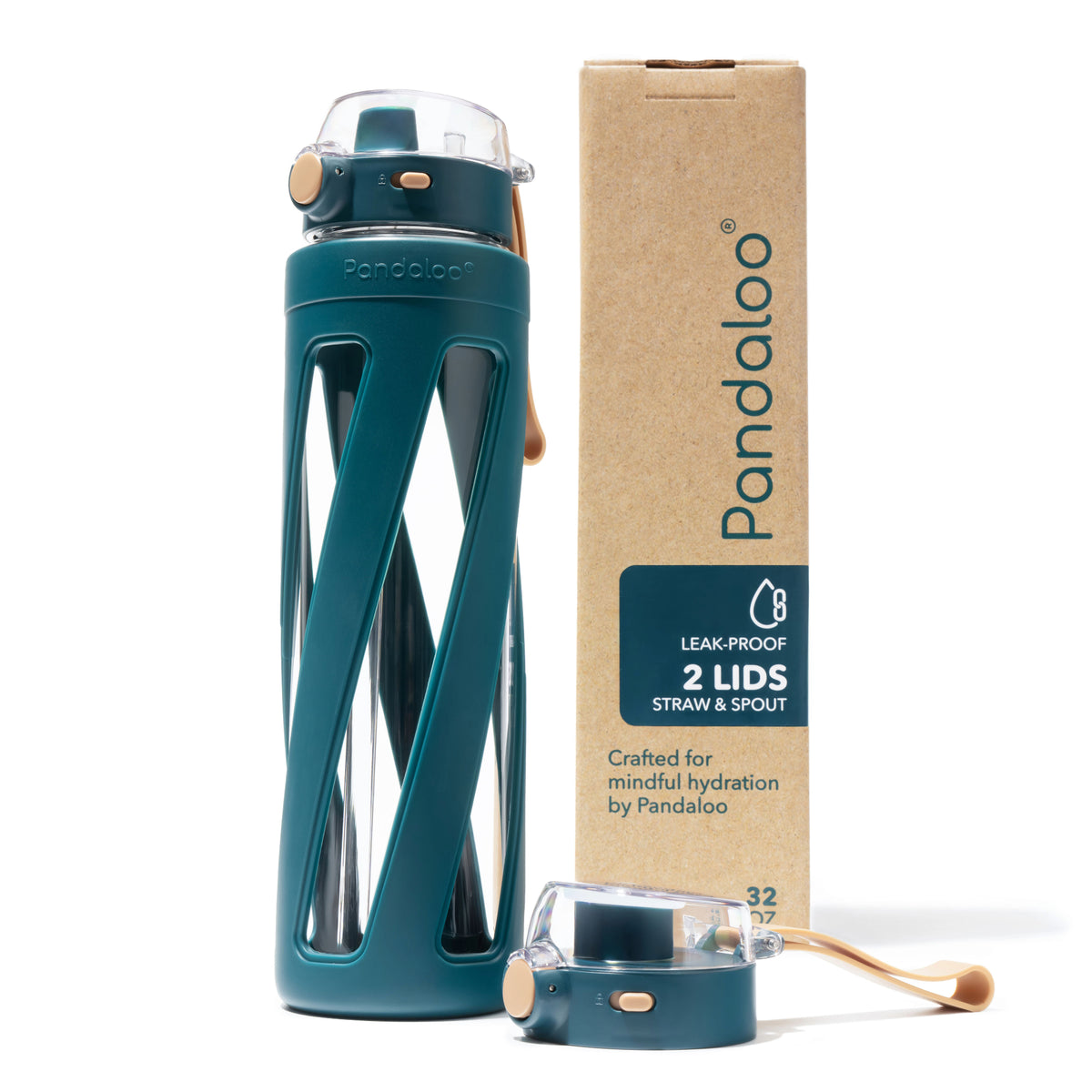 Pandaloo Orbit 32 oz glass water bottle in Intense Teal