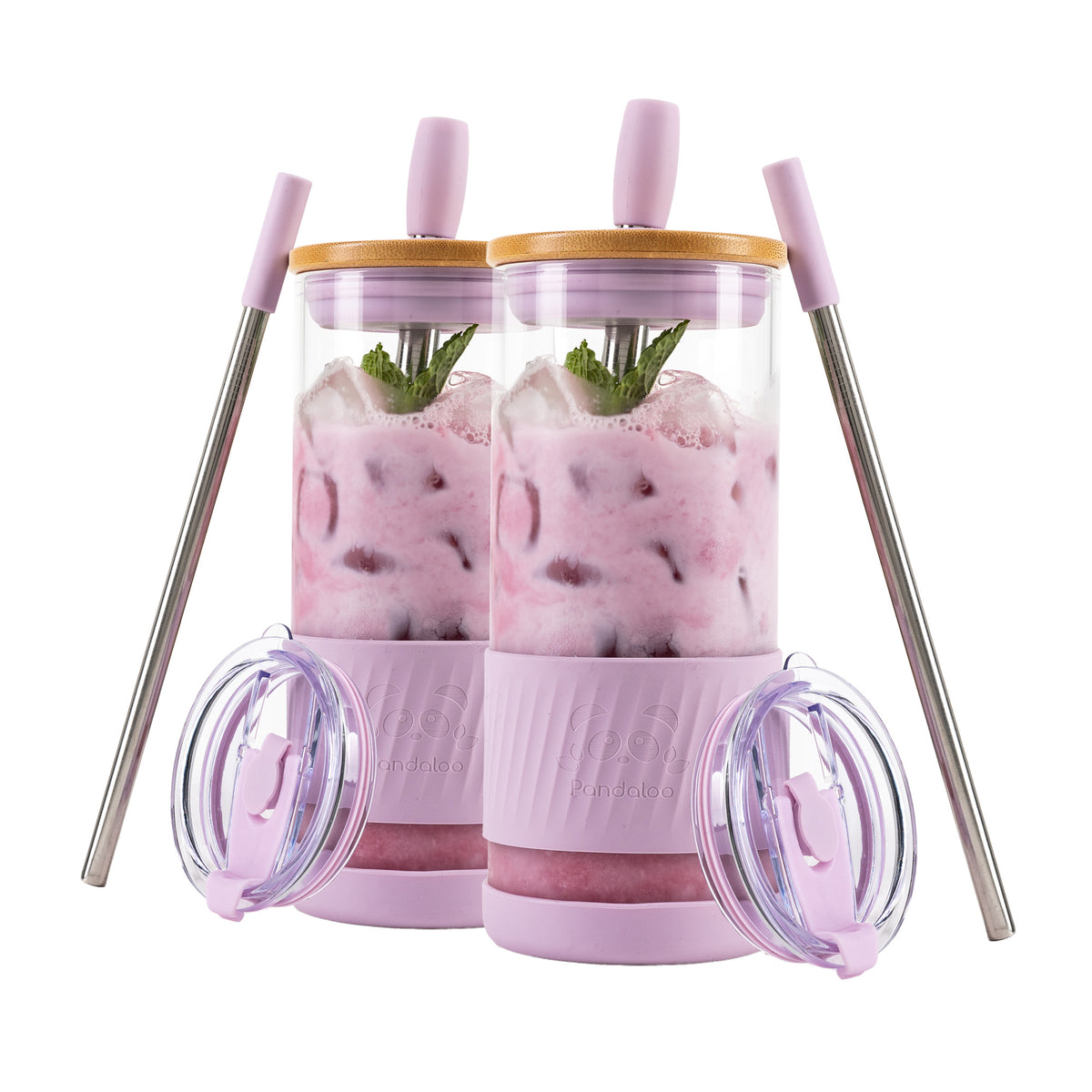 Two Pandaloo Original 20 oz glass tumblers in Lilac Rhapsody with bamboo lids, travel lids and stainless steel straws