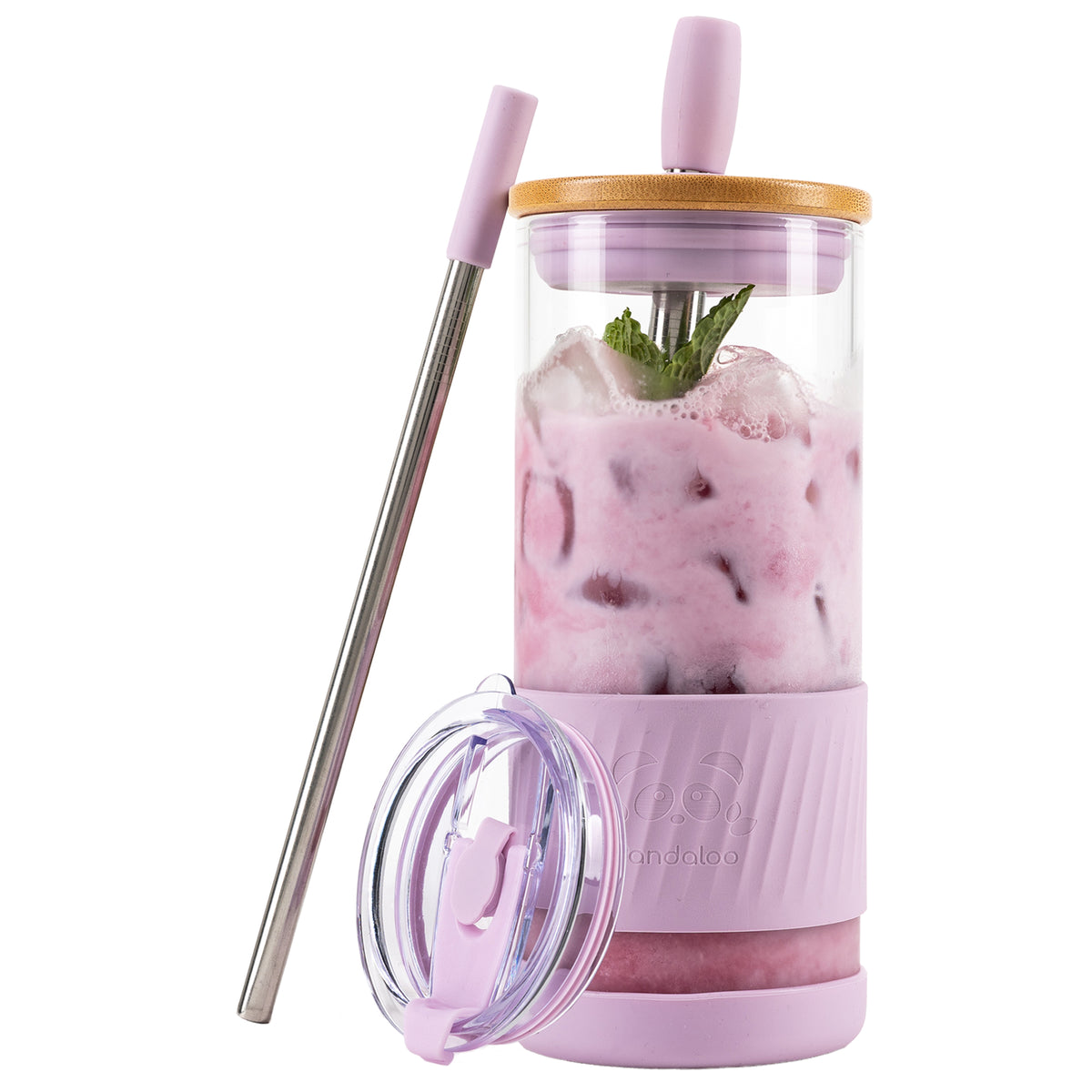 Pandaloo Original 20 oz glass tumbler in Lilac Rhapsody with bamboo lid, travel lid and stainless steel straw