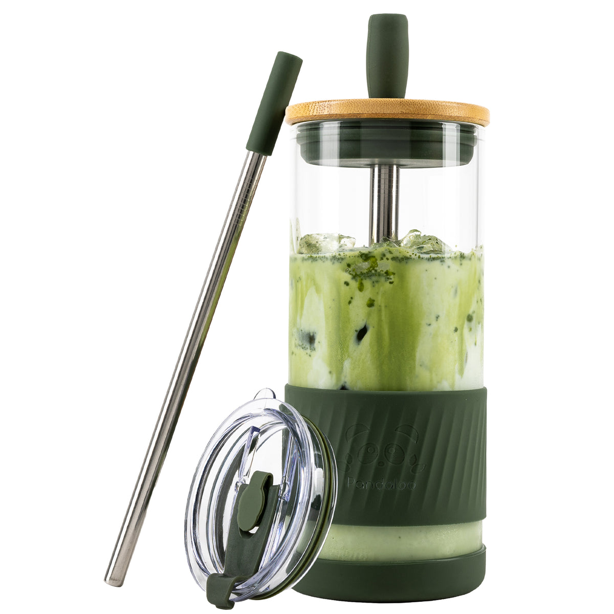 Pandaloo Original 20 oz glass tumbler in Mediterranean Olive with bamboo lid, travel lid and stainless steel straw