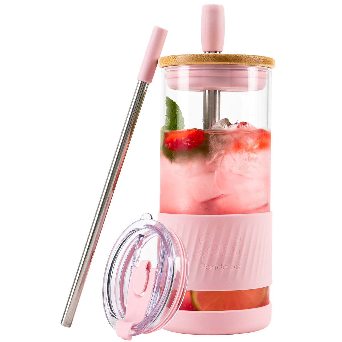 Pandaloo Original 20 oz glass tumbler in Tender Pink with bamboo lid, travel lid and stainless steel straw
