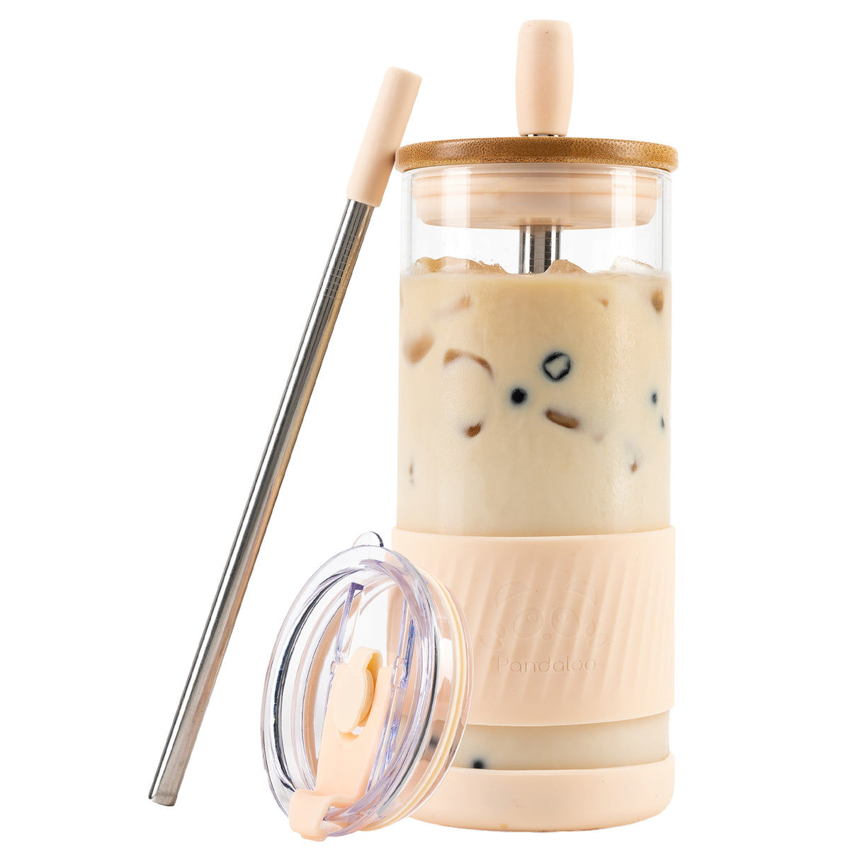 Pandaloo Original 20 oz glass tumbler in Vanilla Cream with bamboo lid, travel lid and stainless steel straw